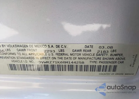 2008 Volkswagen Jetta Se/Sel из США, поврежденный, VIN 3VWRZ71K68M144258